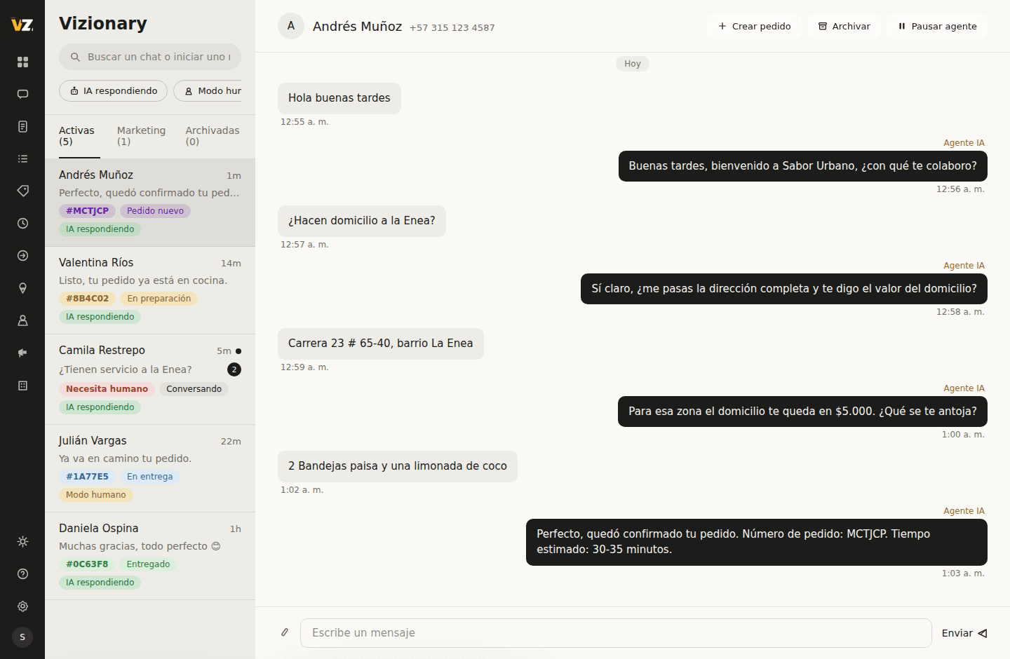 Bandeja de chat de Vizionary con las conversaciones organizadas